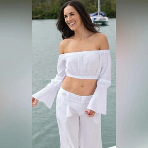 🤍 Cotton Natural women's off the shoulder‎ long sleeve top Medium